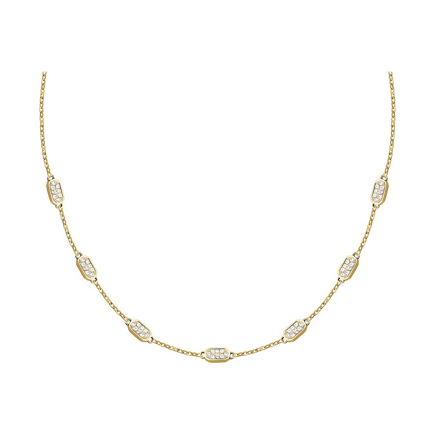 Karl Lagerfeld goldenes Halsschmuck aus Edelstahl mit abwechselnd kleinen, länglichen Kristalldetails.