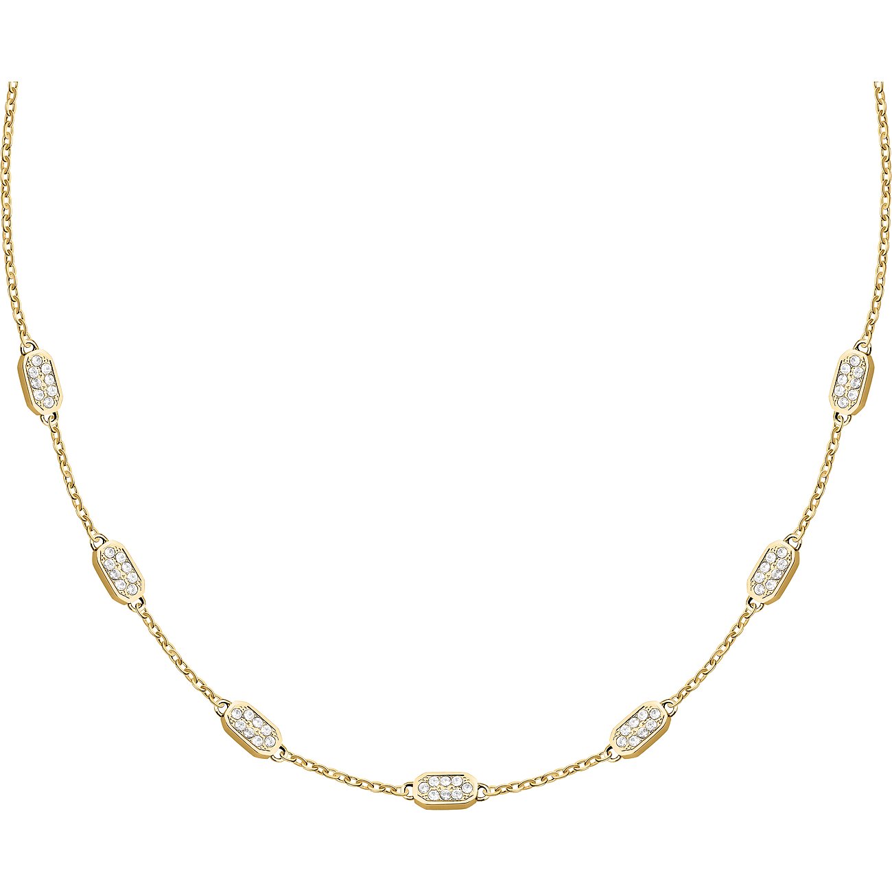 Karl Lagerfeld goldenes Halsschmuck aus Edelstahl mit abwechselnd kleinen, länglichen Kristalldetails.