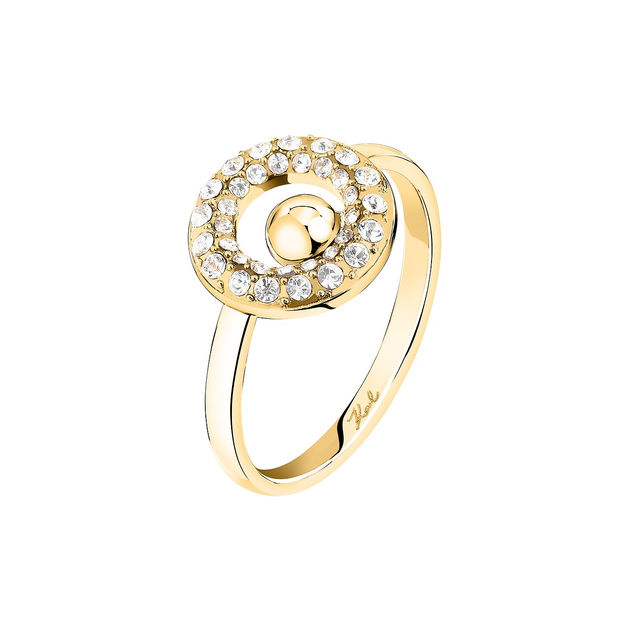 Karl Lagerfeld Ring aus goldglänzendem Edelstahl mit einem kreisförmigen Farbkristall-Motiv.