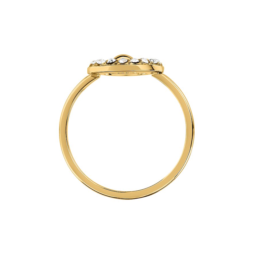 Karl Lagerfeld Ring aus goldfarbenem Edelstahl mit Herzmotiv, besetzt mit funkelnden Kristall-Farbsteinen.