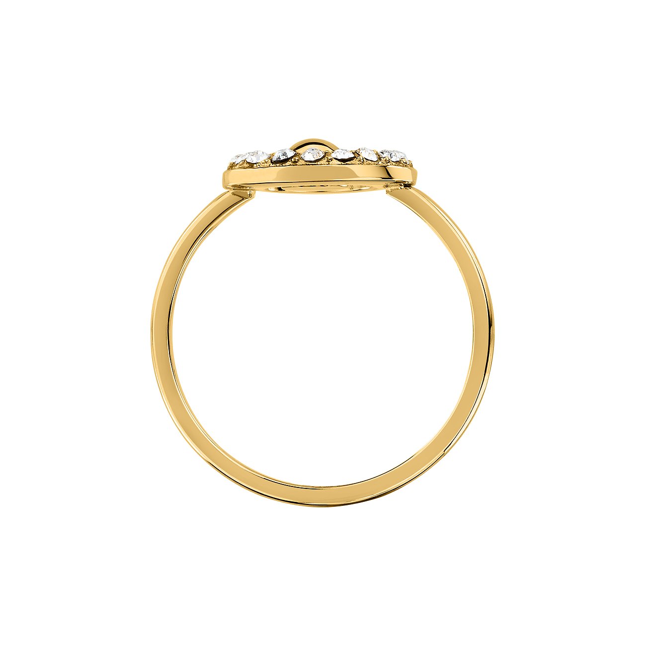 Karl Lagerfeld Ring aus goldfarbenem Edelstahl, besetzt mit mehreren funkelnden runden Kristallen, Seitenansicht.