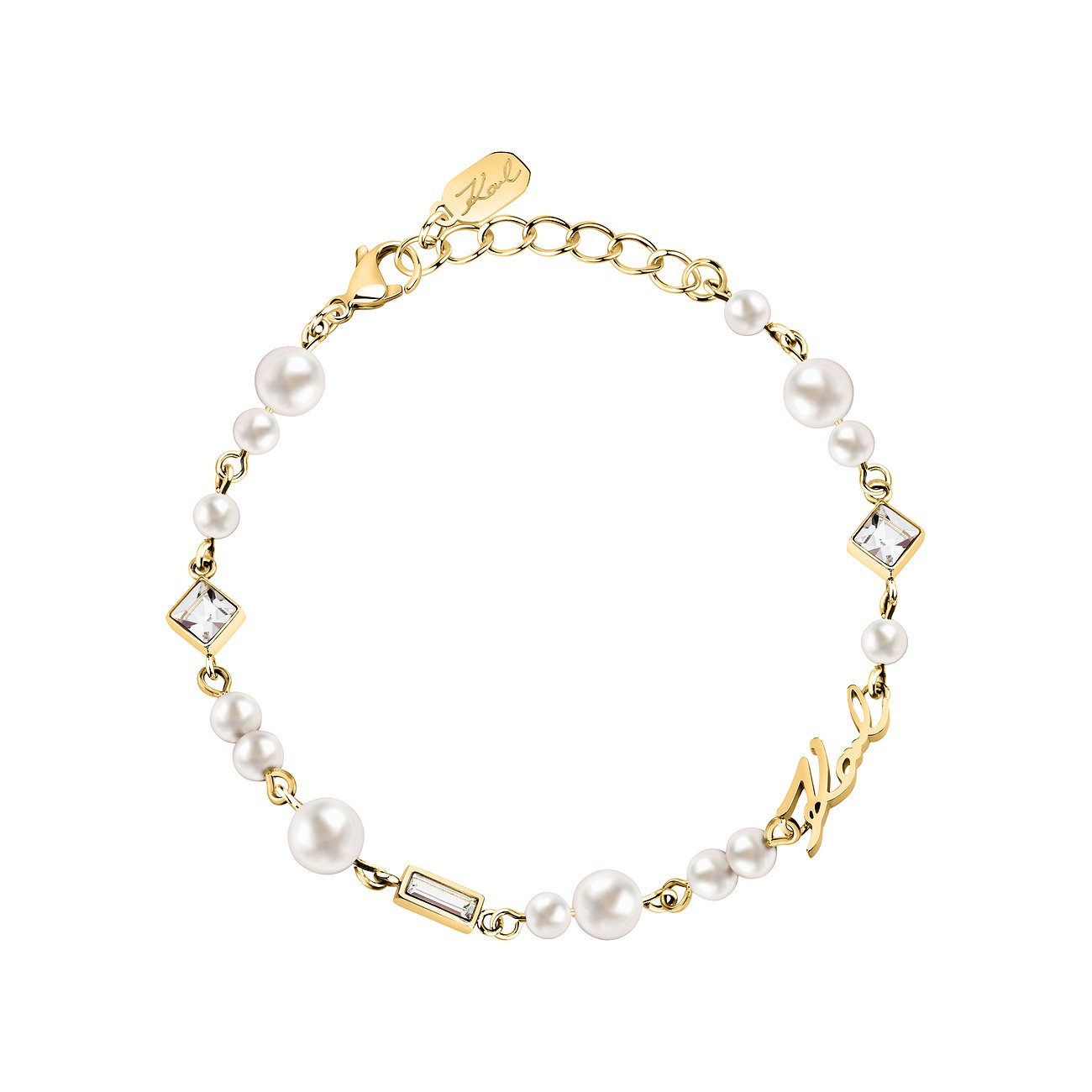 Karl Lagerfeld roestvrijstalen armband met parels en kristallen, goudkleurig, van bovenaf gefotografeerd.