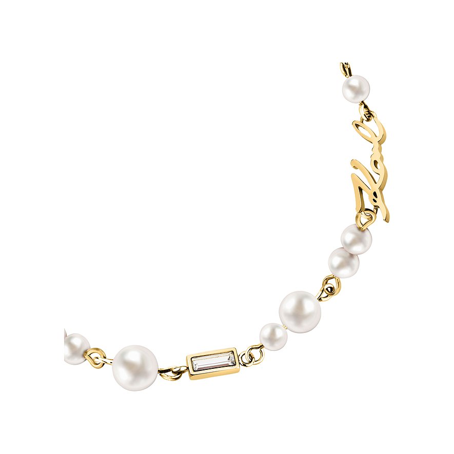 Karl Lagerfeld armband: goudkleurig roestvrij staal & parels met kristalversiering & merklogo.