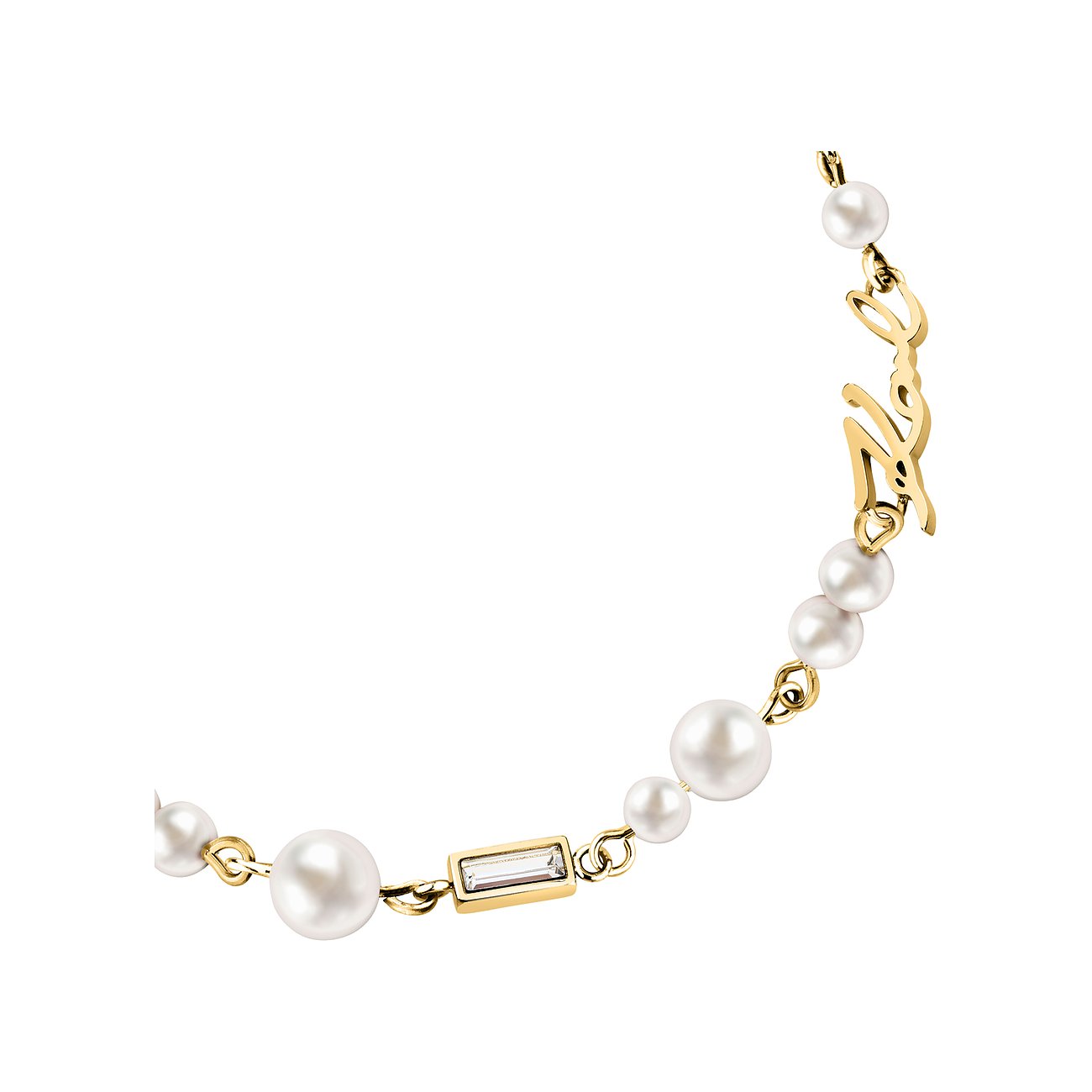 Karl Lagerfeld armband: goudkleurig roestvrij staal & parels met kristalversiering & merklogo.