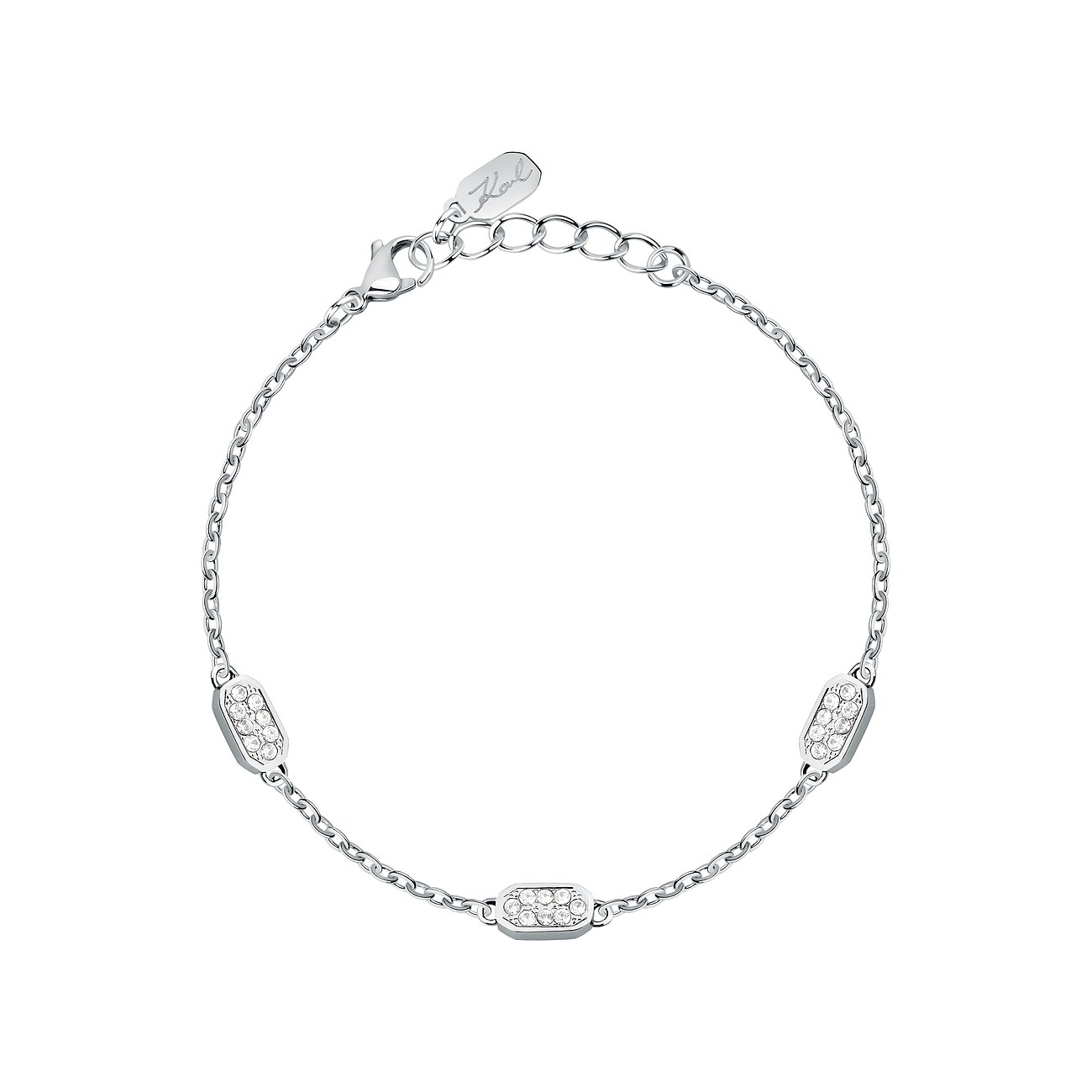 Karl Lagerfeld armband van zilverkleurig roestvrij staal met drie langwerpige versieringen van heldere kristallen