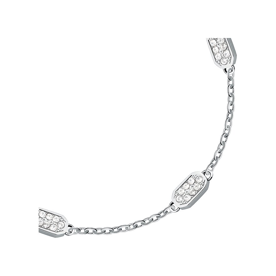 Close-up: Karl Lagerfeld roestvrijstalen armband met schakelketting en capsule-elementen, bezet met kristalstenen.