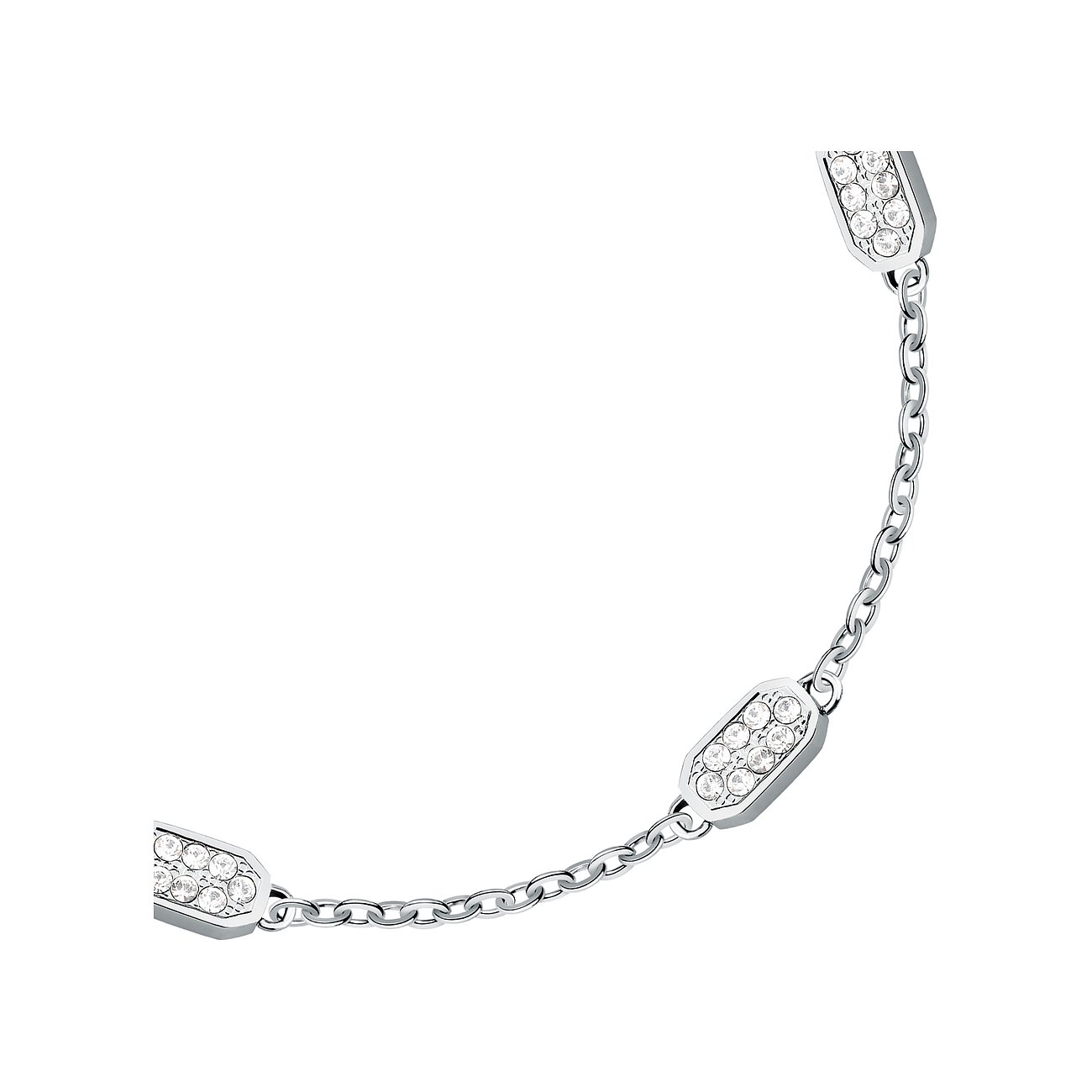 Close-up: Karl Lagerfeld roestvrijstalen armband met schakelketting en capsule-elementen, bezet met kristalstenen.
