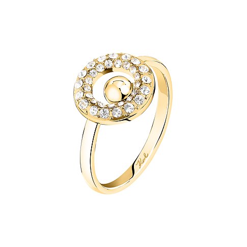 Goldfarbener Karl Lagerfeld Ring aus Edelstahl mit einem spiralförmigen Element, besetzt mit vielen funkelnden Kristallen.