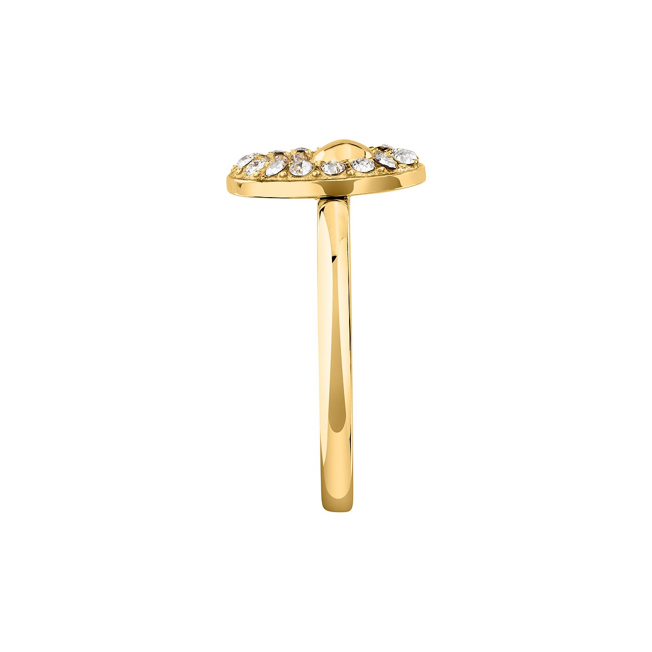 Karl Lagerfeld Ring aus Edelstahl und Kristall, seitliche Ansicht der Ringoberseite mit klaren Farbedelsteinen.
