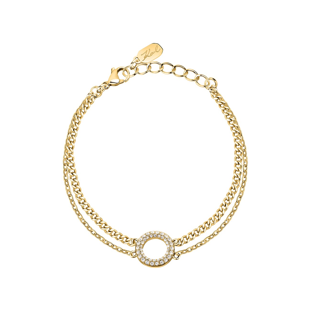 Karl Lagerfeld doppelreihiges Armband aus goldenem Edelstahl mit rundem, kristallbesetztem Anhänger.
