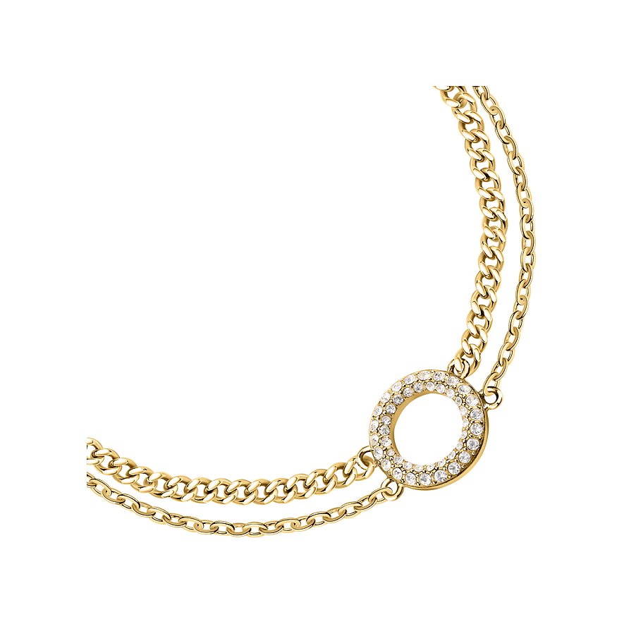 Karl Lagerfeld Edelstahl Armschmuck mit zwei goldfarbenen Ketten und einem runden Anhänger mit Kristallen.