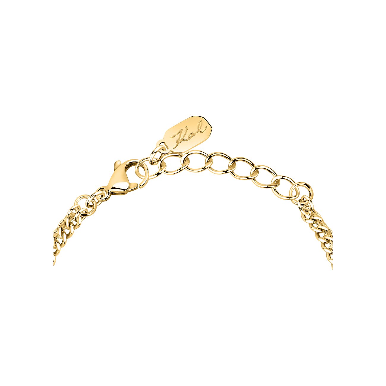 Nahaufnahme des goldfarbenen Edelstahl-Verschlusses und der Verlängerungskette des Karl Lagerfeld Armschmucks.