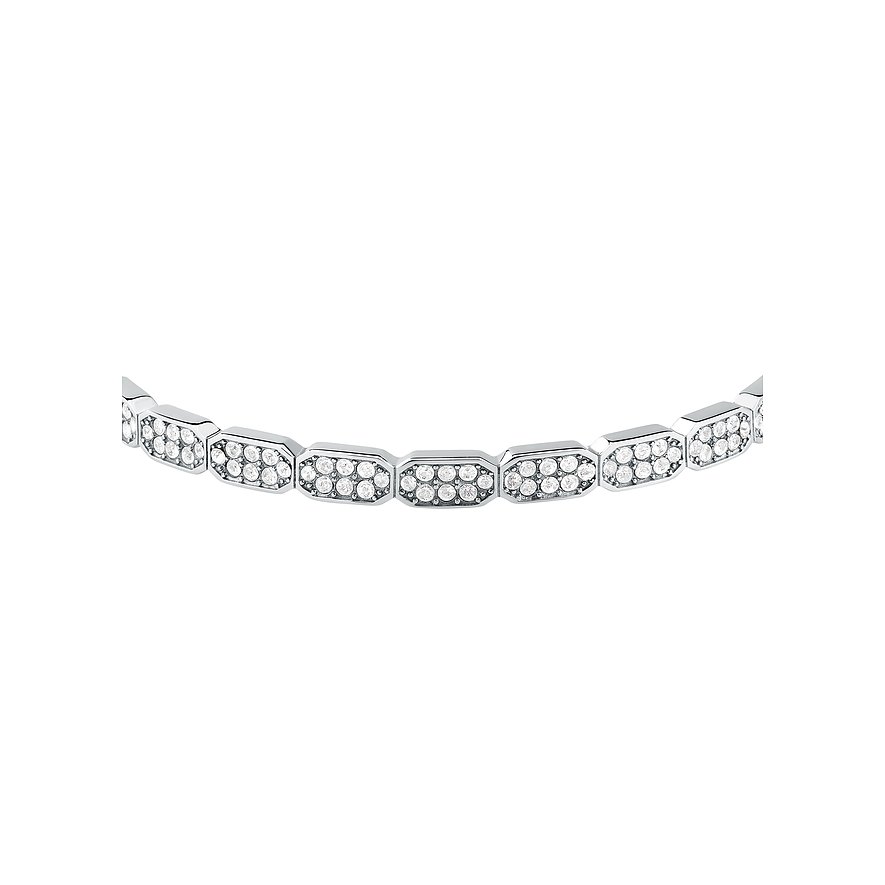 Karl Lagerfeld Armschmuck aus Edelstahl, besetzt mit mehreren runden Kristallen, die in Kapselform angeordnet sind.