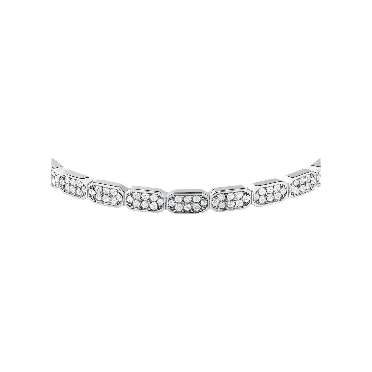 Karl Lagerfeld Armschmuck aus Edelstahl, besetzt mit mehreren runden Kristallen, die in Kapselform angeordnet sind.