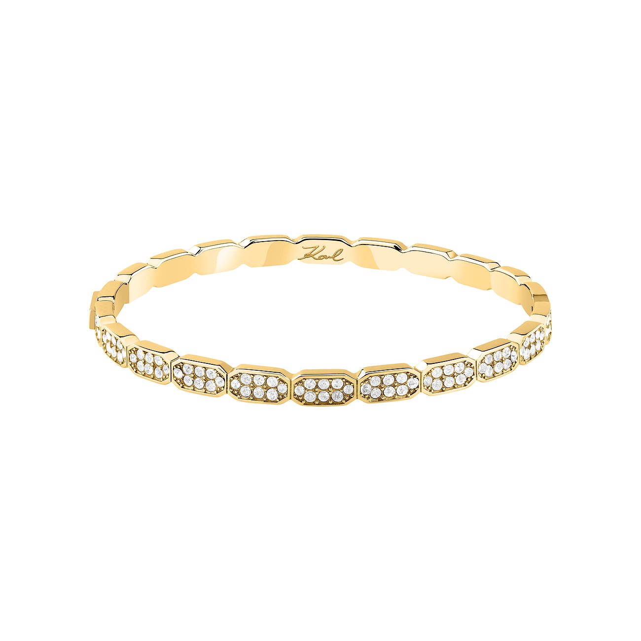 Bracelet Karl Lagerfeld en acier inoxydable doré avec cristaux scintillants recouvrant le dessus de l'ornement.