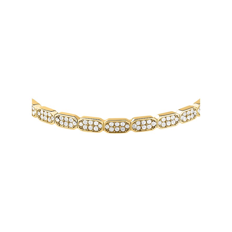 Un bracelet Karl Lagerfeld en acier inoxydable doré avec des rangées de cristaux dans des éléments ovales et facettés.