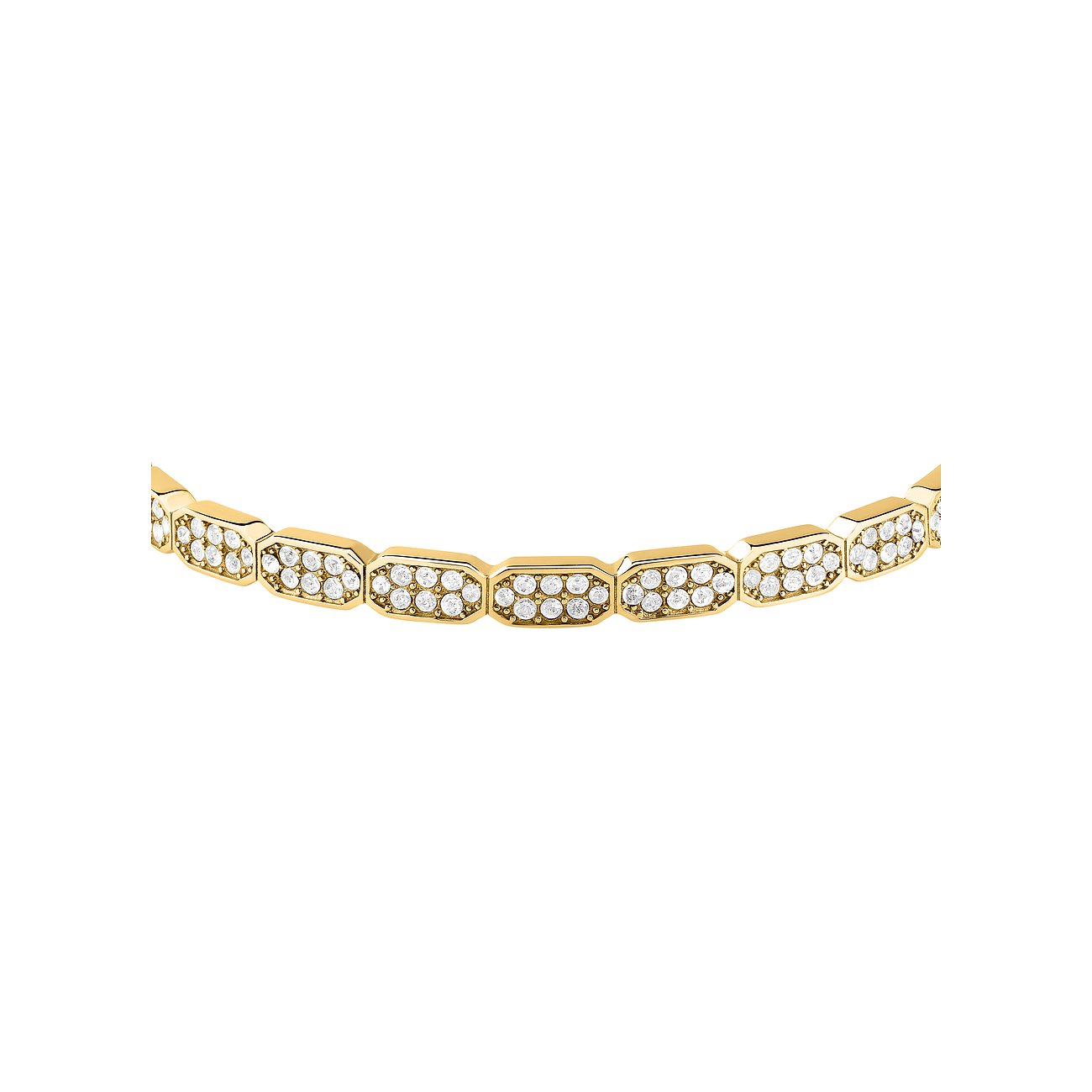 Un bracelet Karl Lagerfeld en acier inoxydable doré avec des rangées de cristaux dans des éléments ovales et facettés.