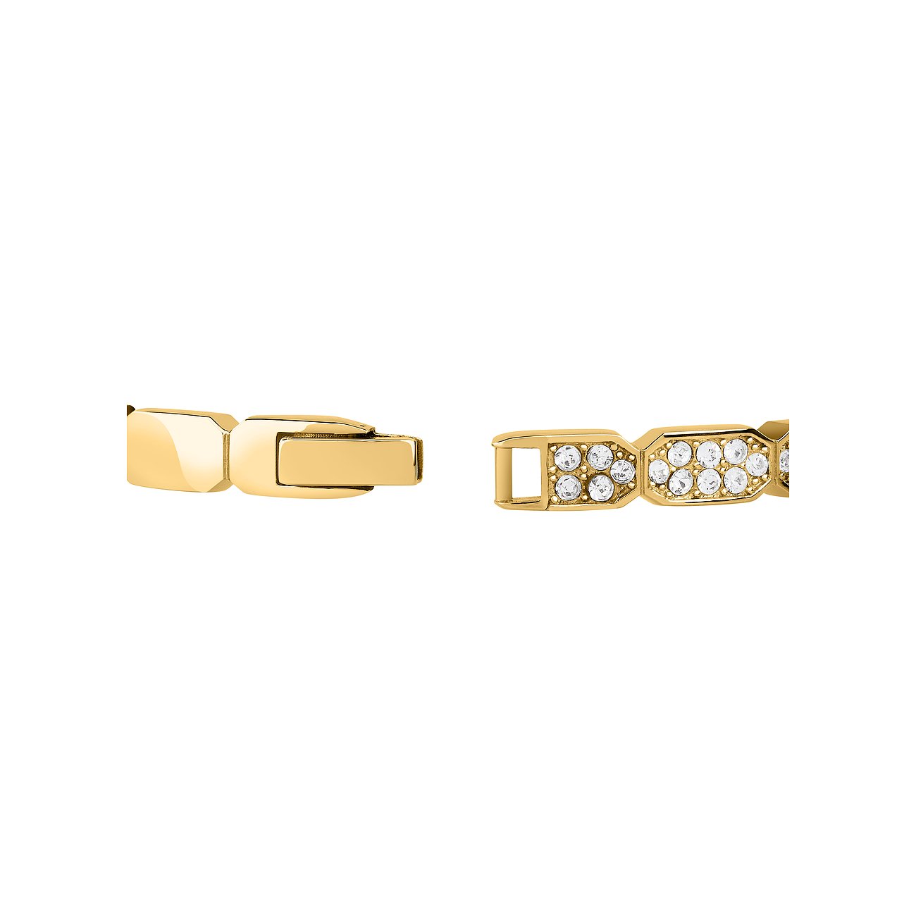 Vue détaillée du bracelet Karl Lagerfeld doré en acier inoxydable, montrant le fermoir et les cristaux.