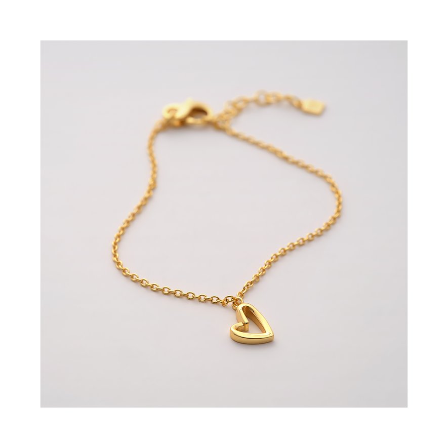 Un bracelet cœur JETTE doré en argent 925 recyclé, affichant un délicat pendentif en forme de cœur.