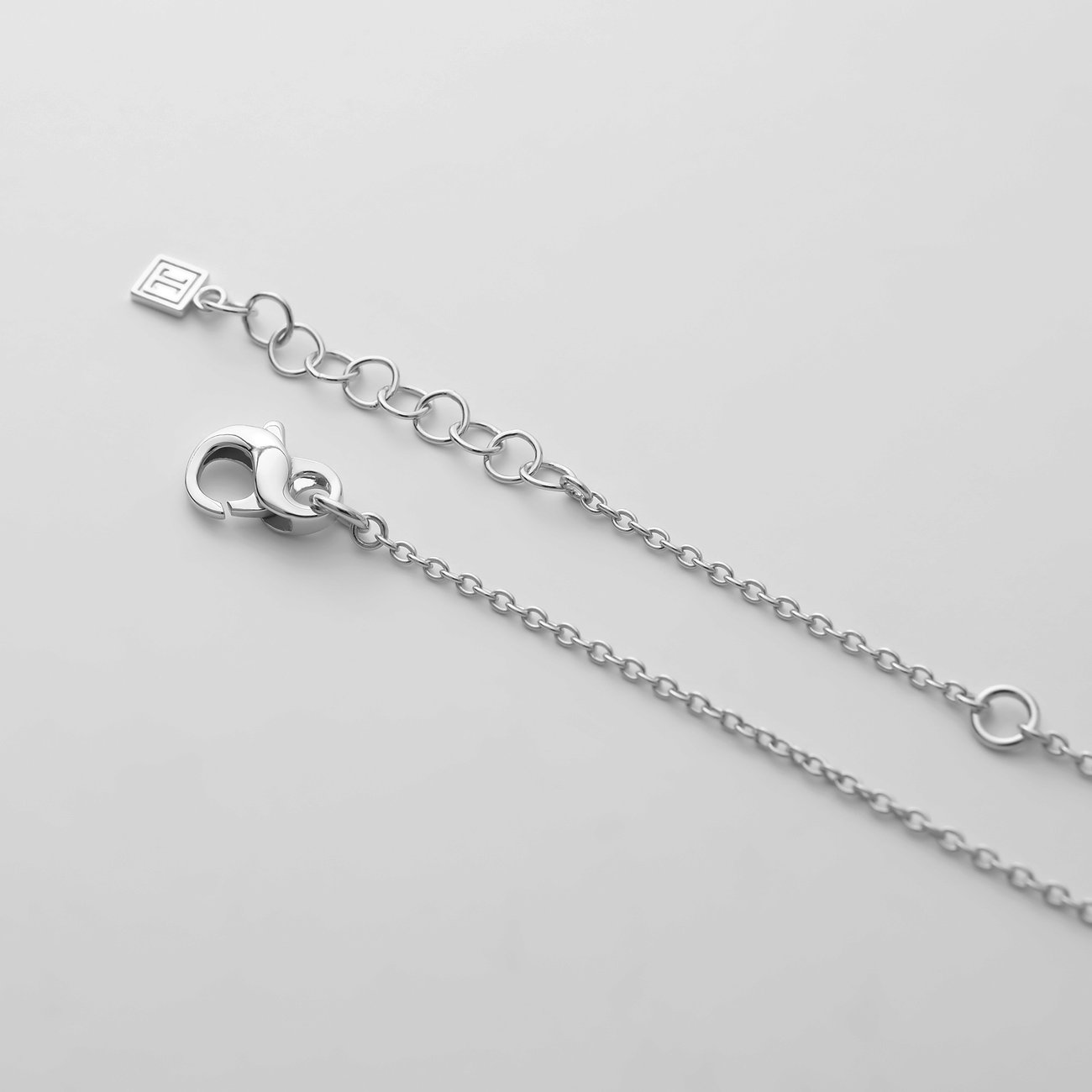 Nahaufnahme der JETTE Karabiner-Verschluss- und Verlängerungskette des Halsschmucks aus recyceltem Silber.