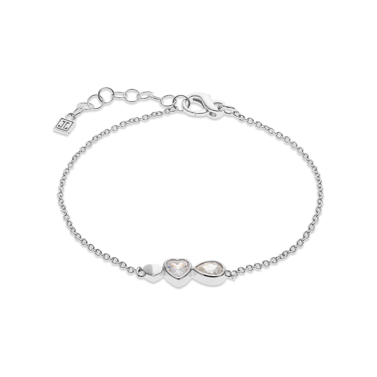 JETTE Armband aus recyceltem 925er Silber mit zwei Herzen und einem tropfenförmigen Zirkonia in der Mitte.