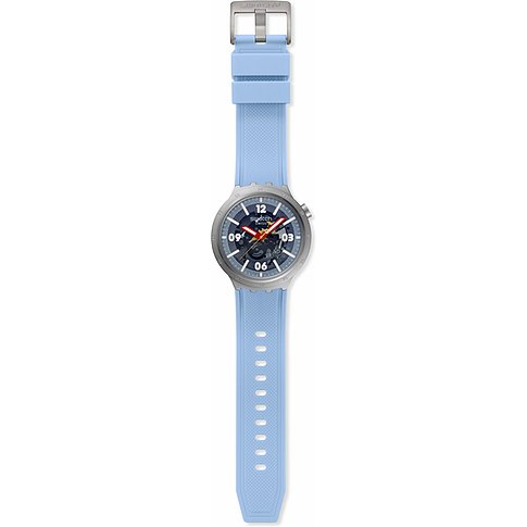 Swatch Unisexuhr mit Edelstahlgehäuse, blauem Zifferblatt und hellblauem Armband.