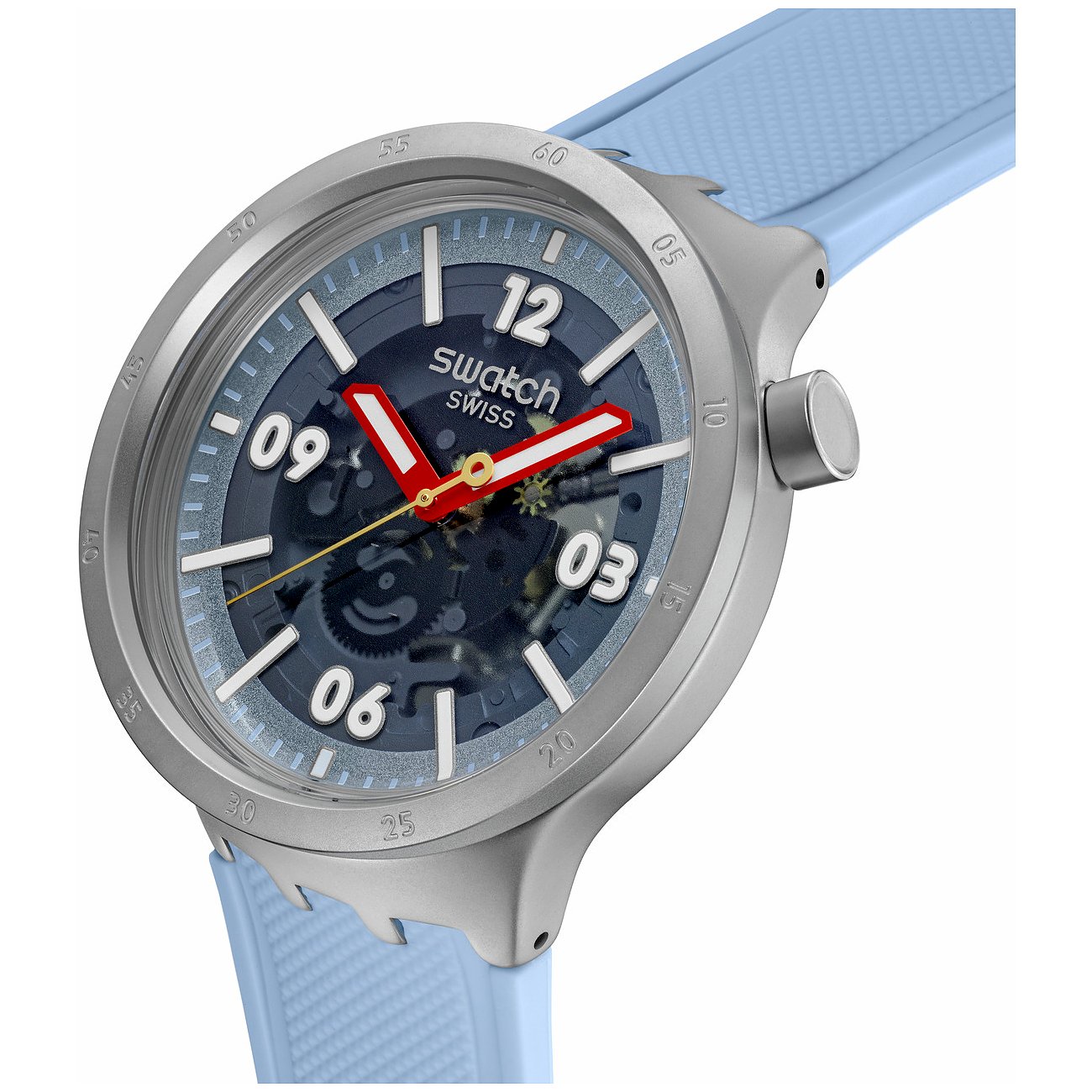 Swatch unisexklocka med boett i rostfritt stål, blå urtavla och blått armband.