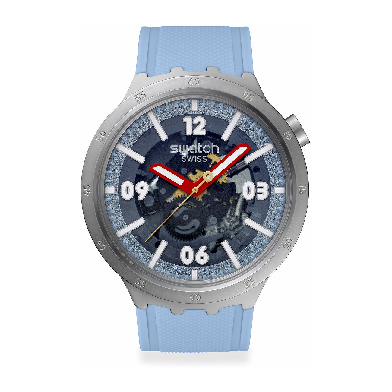 Swatch Unisexklocka med boett i rostfritt stål, analog display och blå urtavla.