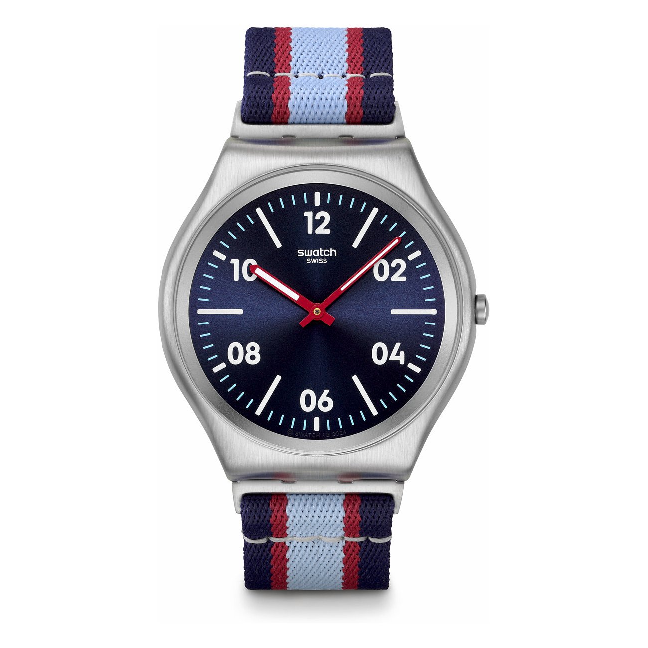 Swatch Unisexuhr mit Edelstahlgehäuse, dunkelblauem Zifferblatt und gestreiftem Band.