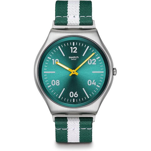Montre unisexe Swatch avec boîtier en acier inoxydable, cadran vert et bracelet rayé.
