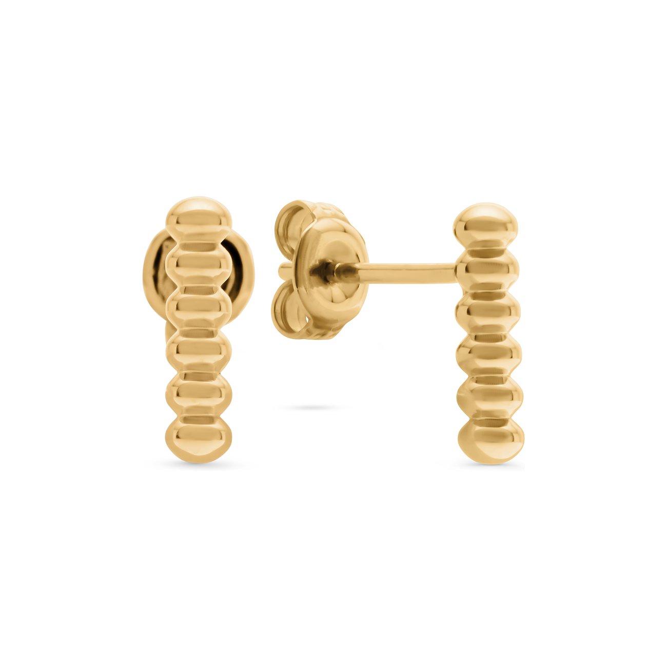 CHRIST Ohrstecker aus 375er Gelbgold mit vertikalen, schmalen Stäbchen, die mit kleinen Kügelchen besetzt sind.