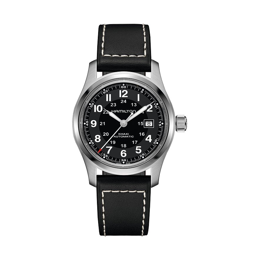 Hamilton Herrenuhr Khaki Field Auto H70605733, Herren, Edelstahl, Armband: Leder, Automatik, analog
