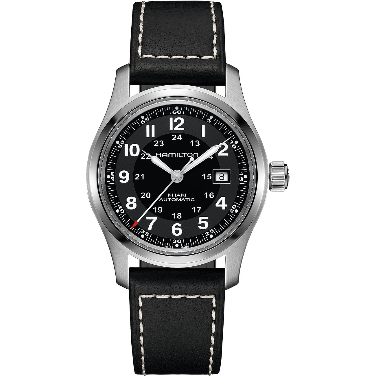 Hamilton Herrenuhr mit Edelstahlgehäuse, schwarzem Zifferblatt und Lederarmband.