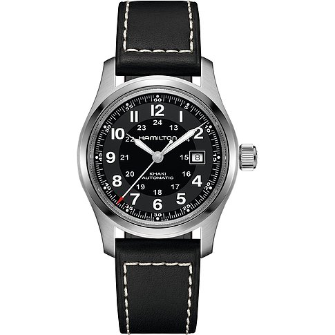 Hamilton Herrenuhr mit Edelstahlgehäuse, schwarzem Zifferblatt und Lederarmband.
