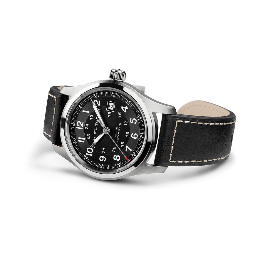 Hamilton Herrenuhr mit Edelstahlgehäuse, schwarzem Zifferblatt und Datum.