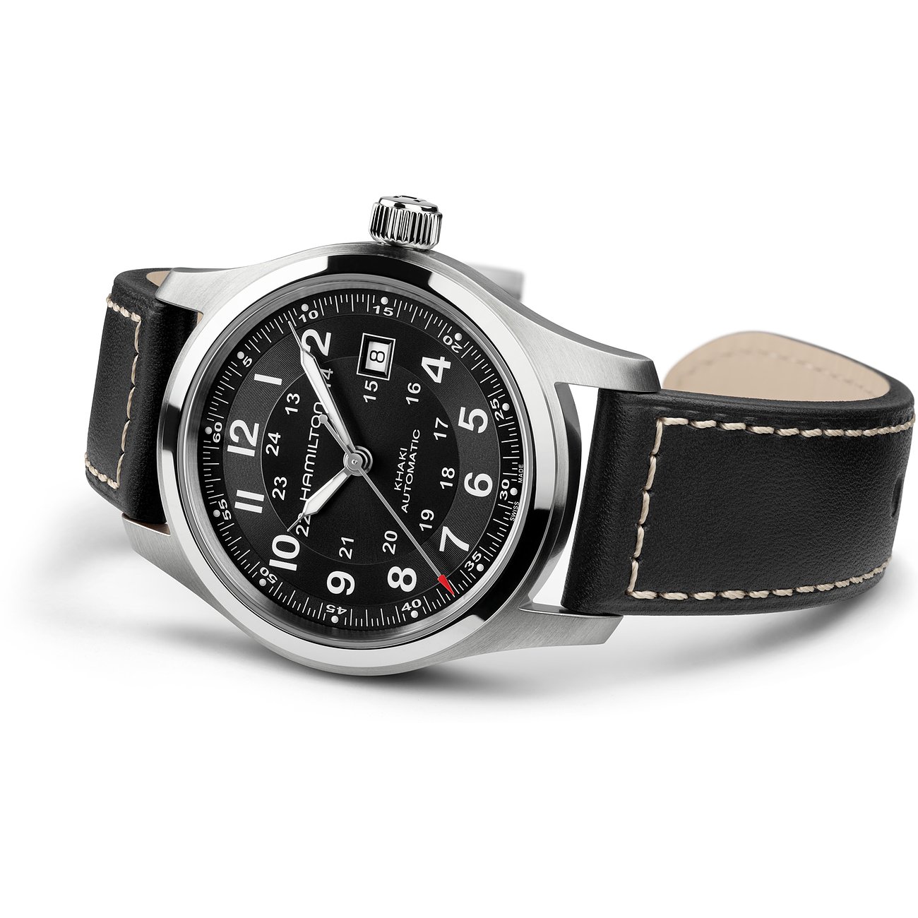 Hamilton Herrenuhr mit Edelstahlgehäuse, schwarzem Zifferblatt und Datum.