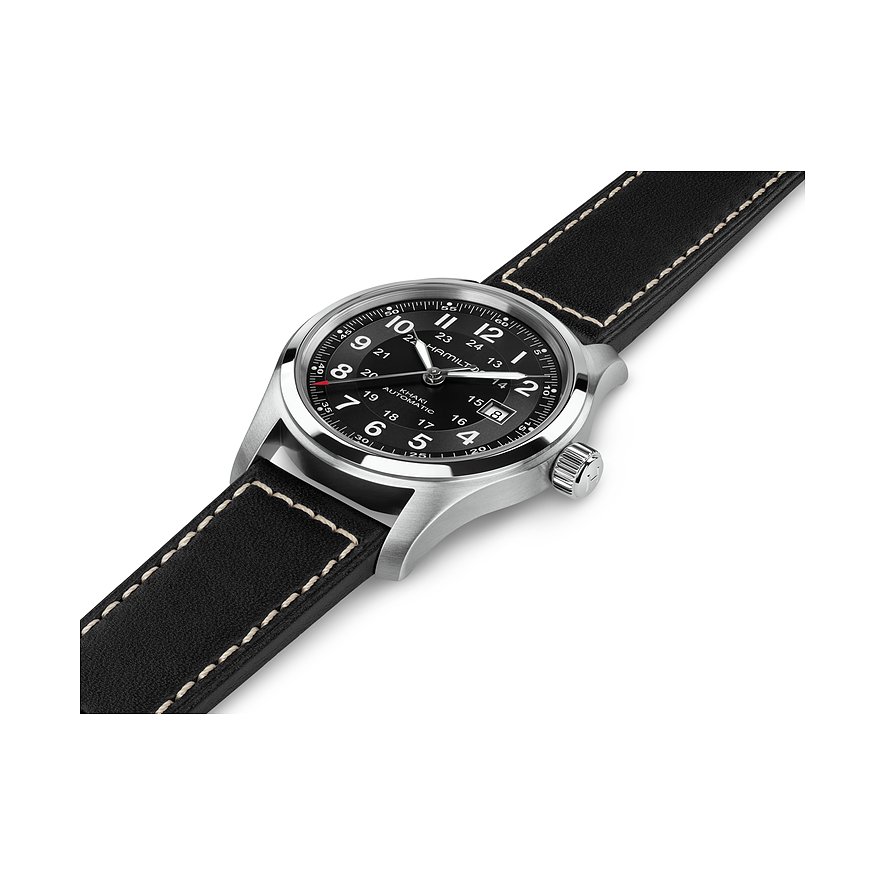 Hamilton Herrenuhr mit Edelstahlgehäuse und schwarzem Zifferblatt.