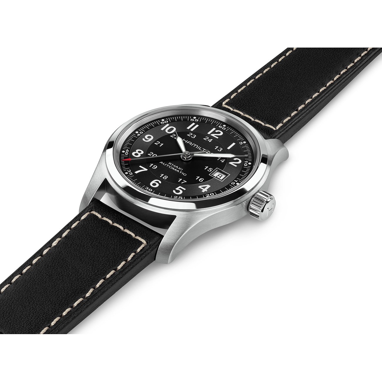 Hamilton Herrenuhr mit Edelstahlgehäuse und schwarzem Zifferblatt.