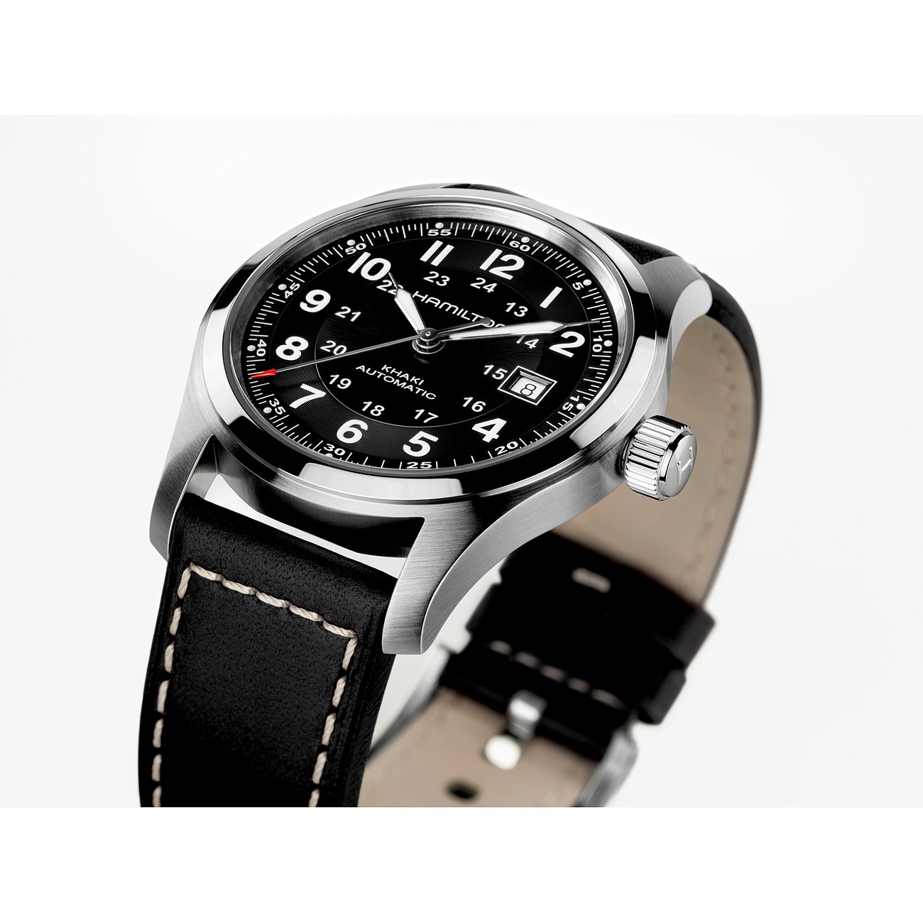 Hamilton Herrenuhr mit Edelstahlgehäuse, schwarzem Zifferblatt und Lederarmband.