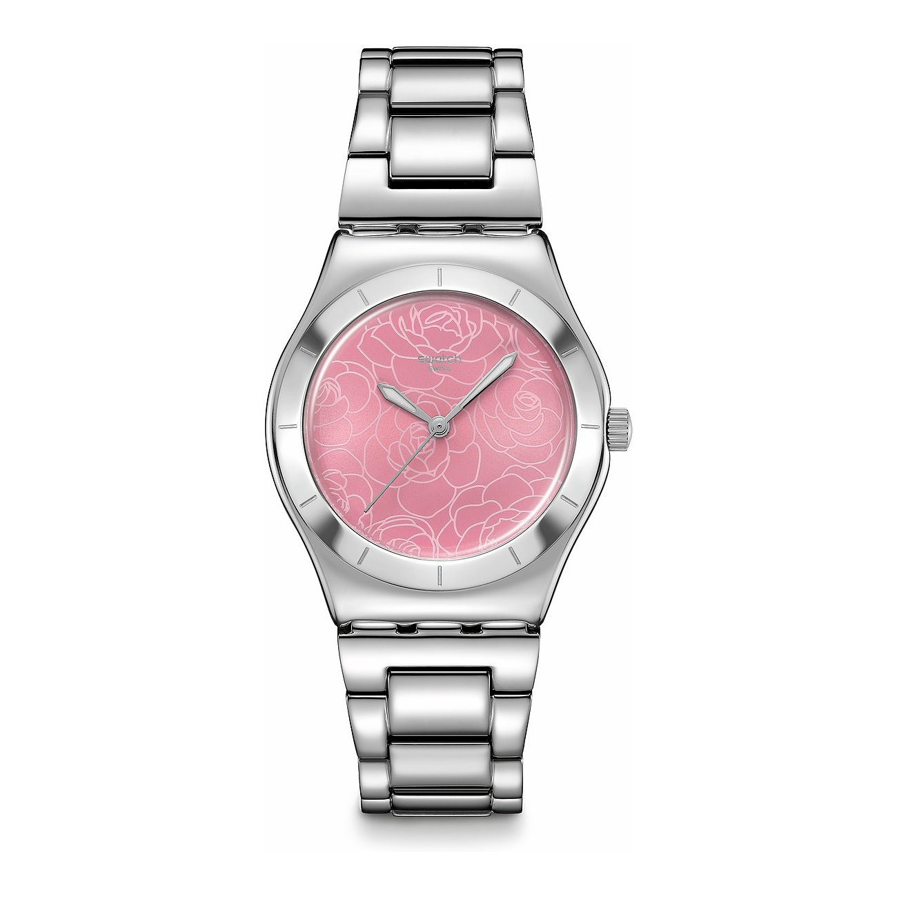 Swatch Damenuhr aus Edelstahl mit rosa Blumenmuster und silberfarbenem Gehäuse.