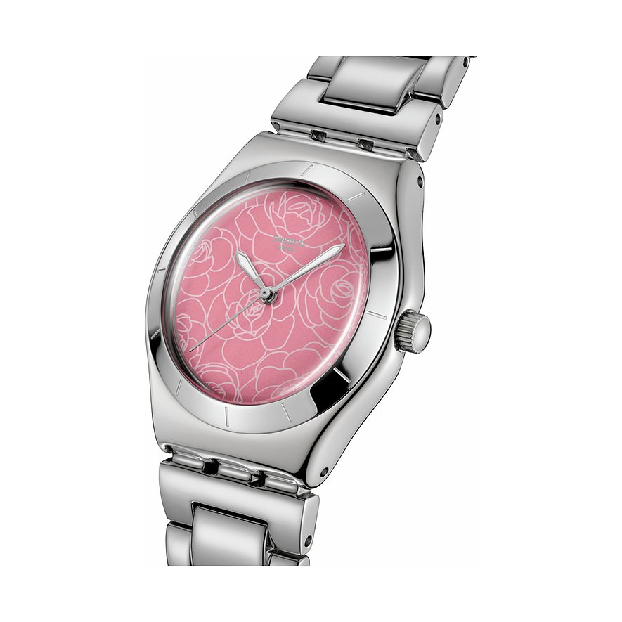 Swatch Damenuhr aus Edelstahl mit rosafarbenem Zifferblatt und Blumenmuster.