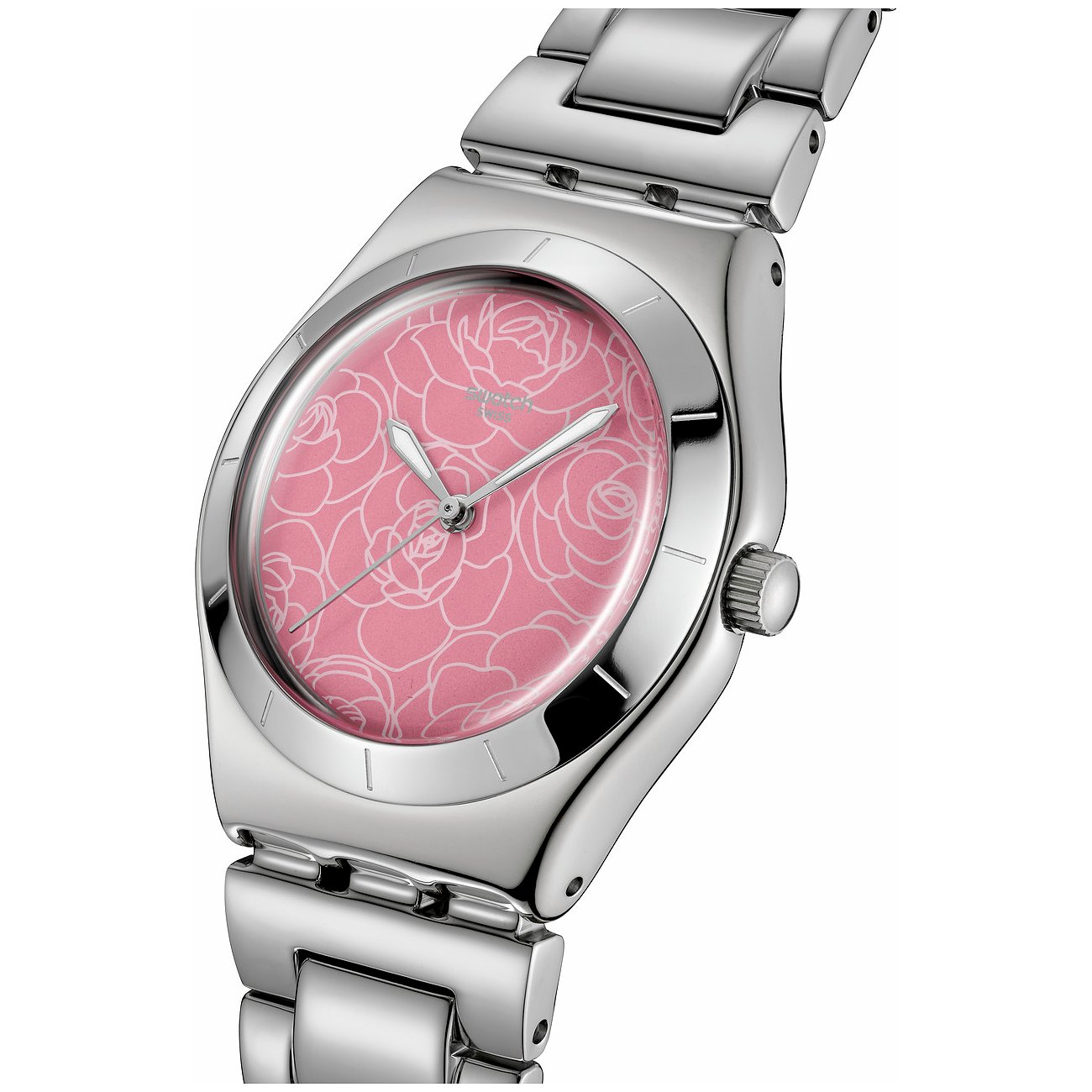 Swatch Damenuhr aus Edelstahl mit rosafarbenem Zifferblatt und Blumenmuster.