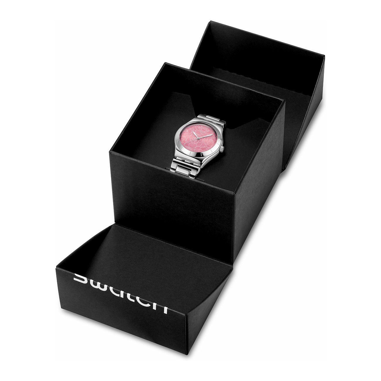 Swatch Damenuhr mit Edelstahlgehäuse und pinkem Zifferblatt mit Rosenmuster.