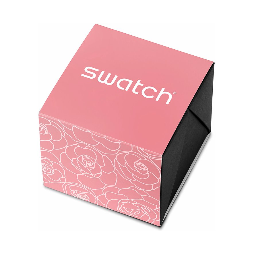 Swatch Damenuhr mit Edelstahlgehäuse, rosa und Blumenmuster.