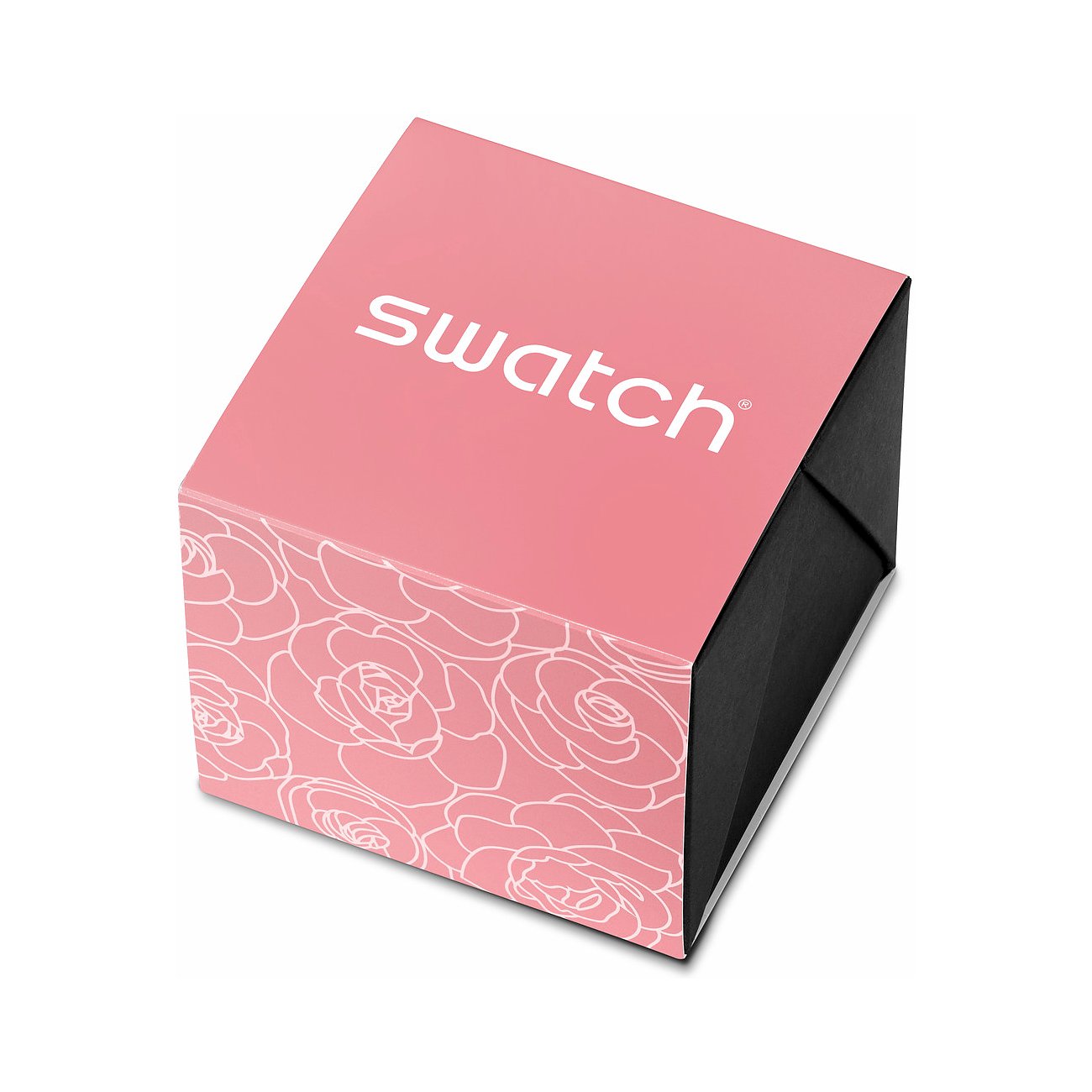 Swatch Damenuhr mit Edelstahlgehäuse, rosa und Blumenmuster.