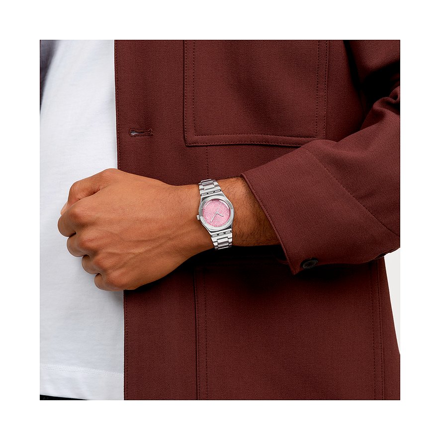 Swatch Damenuhr mit Edelstahlgehäuse und pinkem Zifferblatt.
