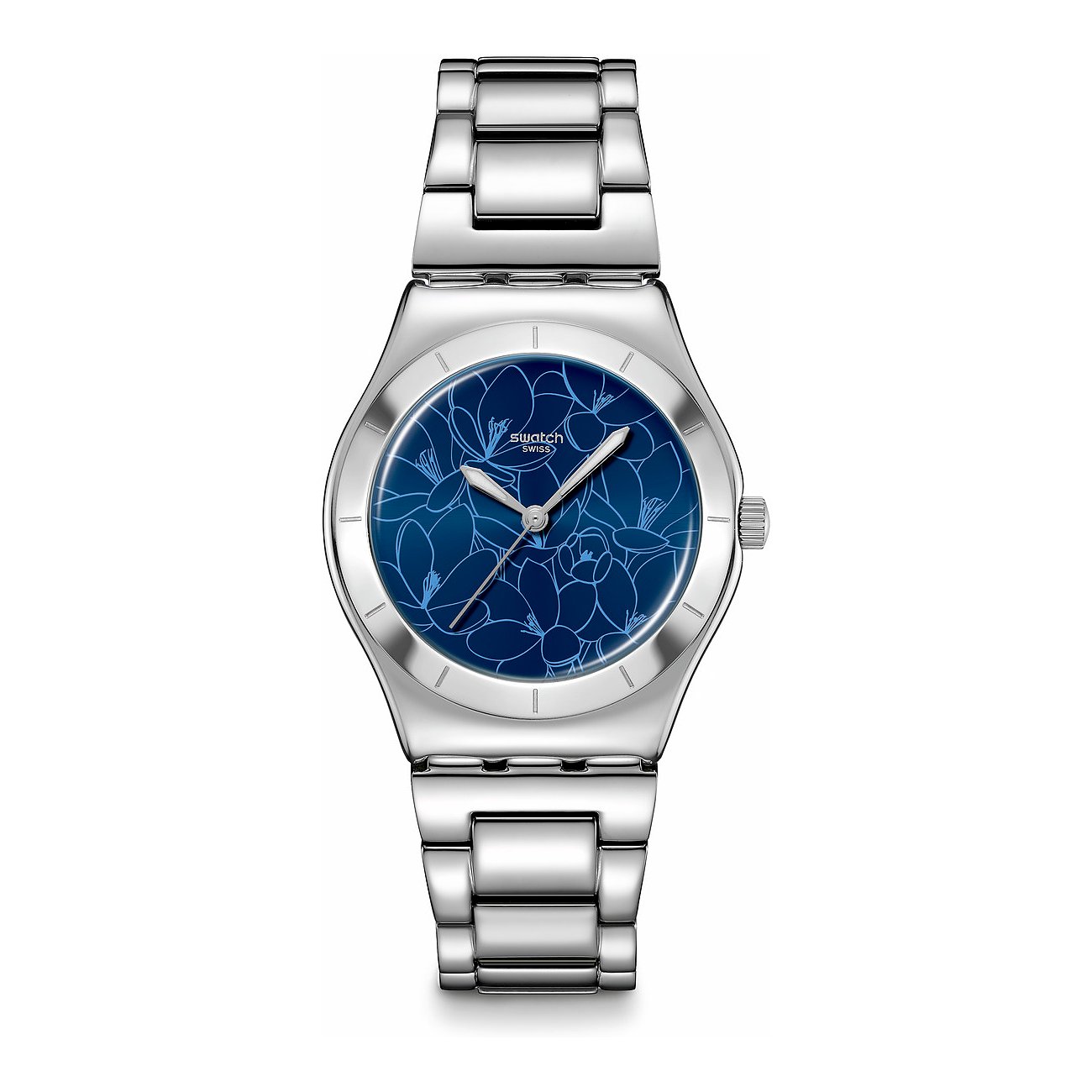 Swatch Damenuhr mit Edelstahlgehäuse und blauem Zifferblatt mit Blumenmuster.