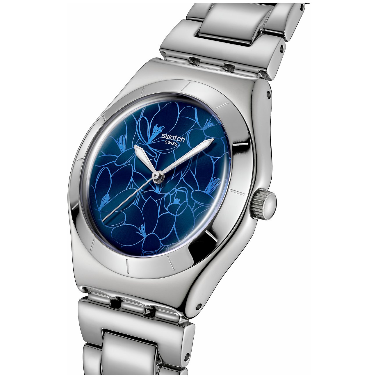 Swatch Damenuhr mit Edelstahlgehäuse, blauem Zifferblatt mit Blumenmuster und silberfarbenem Armband.