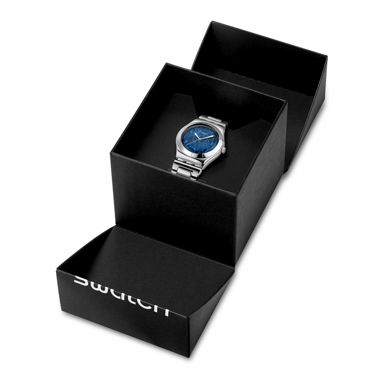 Swatch Damenuhr mit Edelstahlgehäuse und blauem Zifferblatt.
