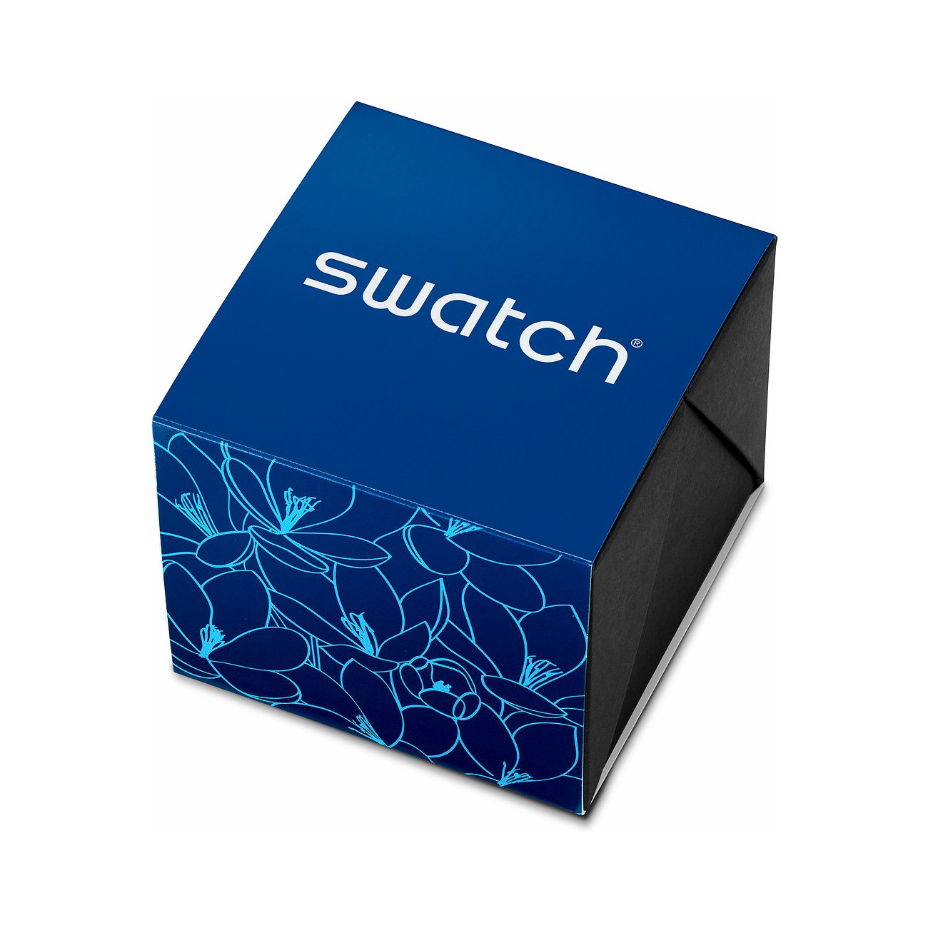 Swatch Damenuhr mit Edelstahlgehäuse und Blumenmuster.